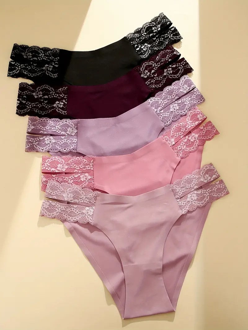5pcs Contrast Lace Briefs, Hollow Out Seamless Stretchy Intimates Panties, Women's Lingerie  Underwear Recycled Fabric.